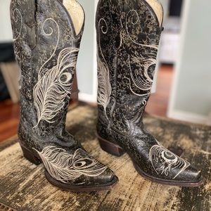 Like New Leather Women’s Roper Boots w/Embroidered Feathers-Size 9